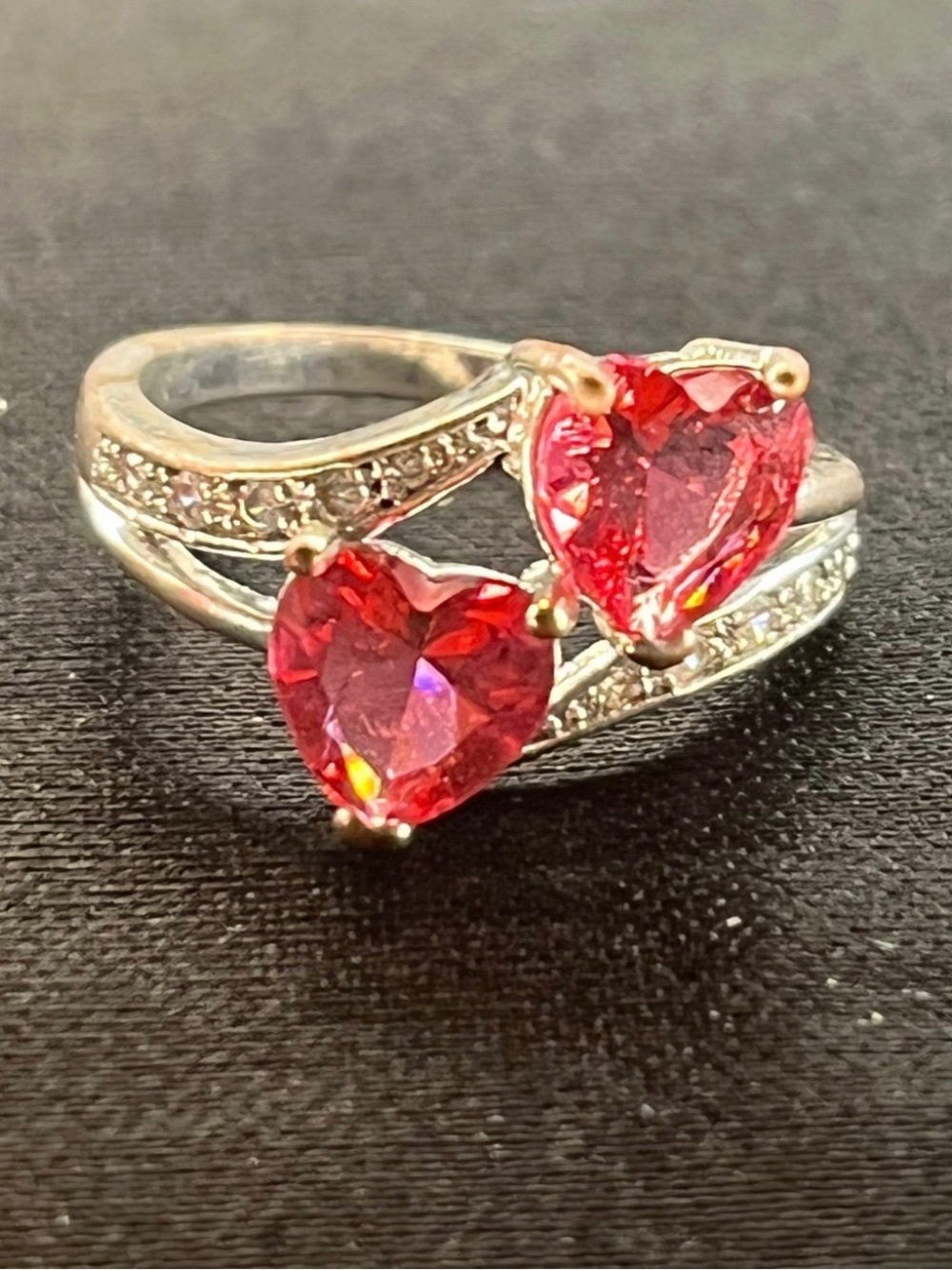 Sterling Silver Double Heart Ring with Pink and White Sapphires